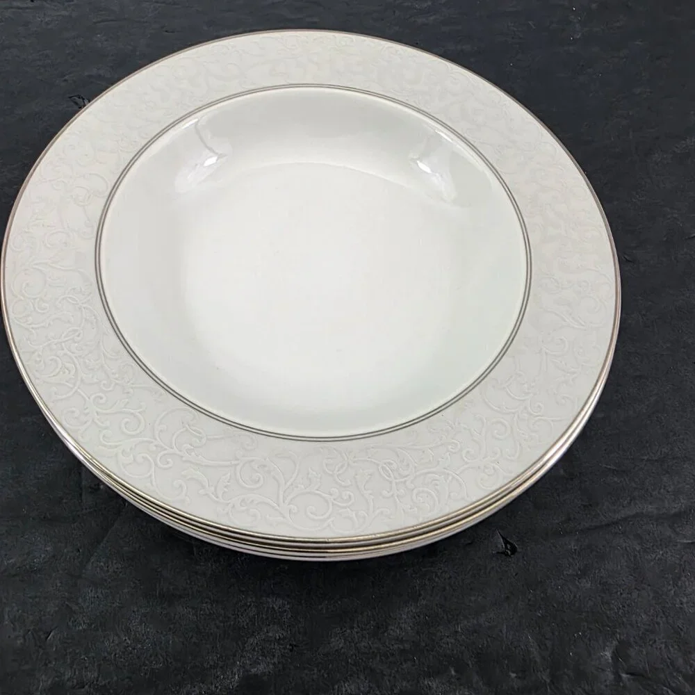 Mikasa Fine China Parchment Platinum Trim Rimmed Soup Salad Bowls – Set of 4